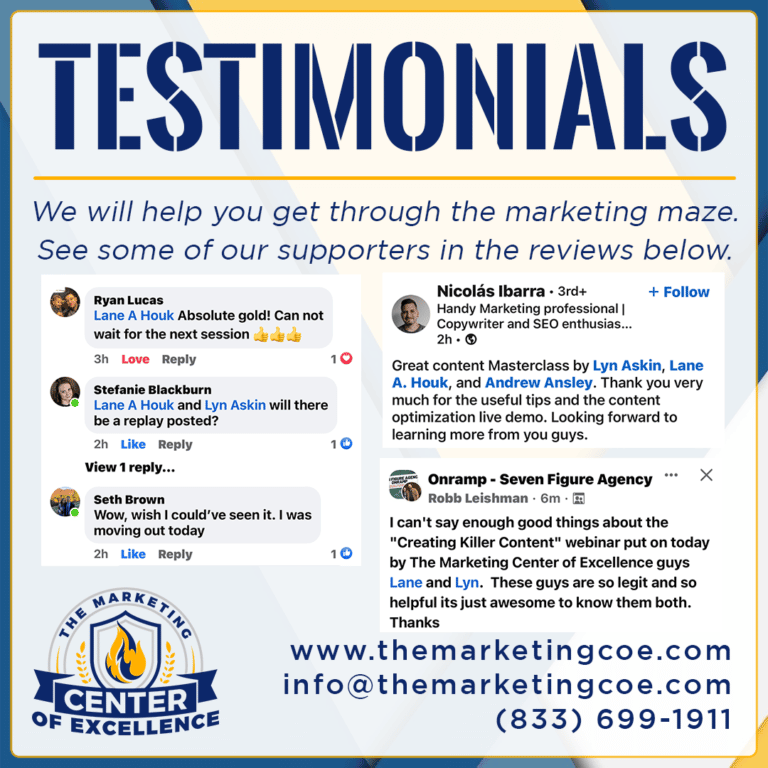 Collection of reviews about the Marketing Center of Excellence and Lane Houk